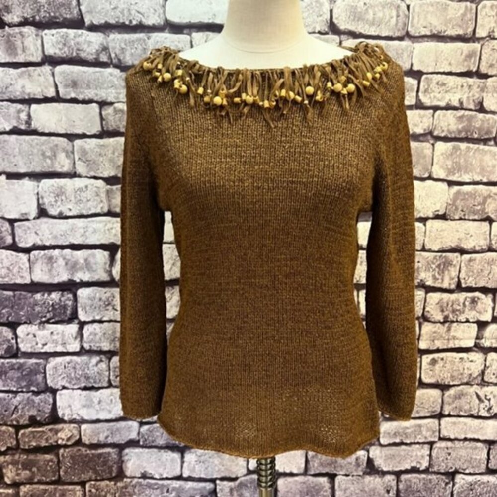 Multiples Brand Brown Pullover Sweater W/ Decorative Fringe Around Neck Size M